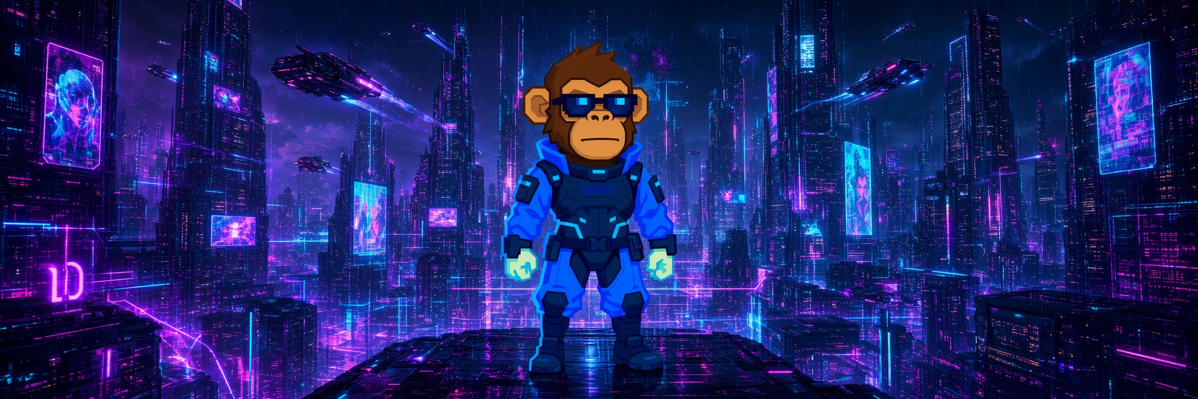 CyberApe standing in a neon Solana megacity